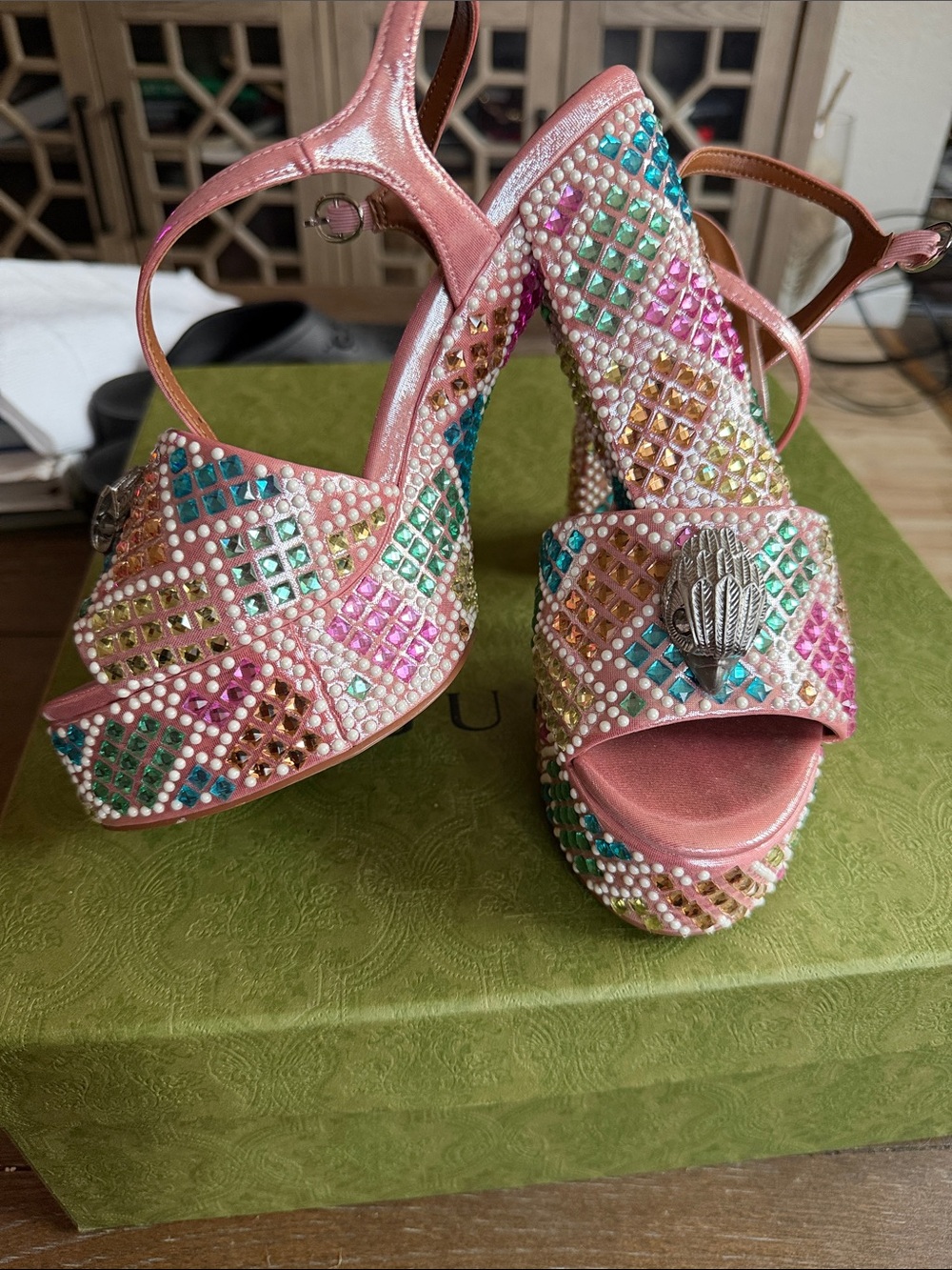 Kurt Geiger Pink Multicolor Crystal Platform Sandals
